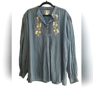 HGNY Vintage Blue Linen Cotton Half Button Top With White Floral Embroid…